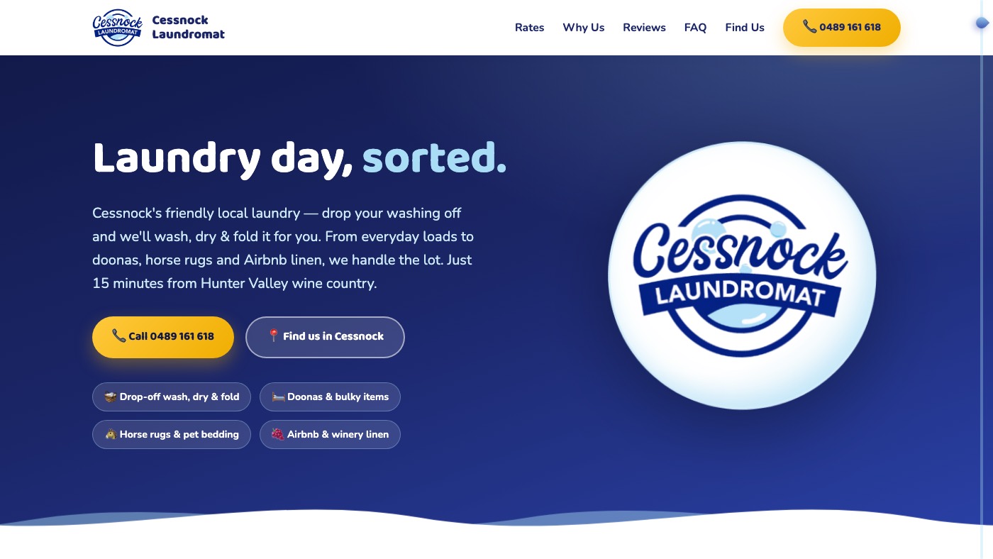 Cessnock Laundromat website homepage, a drop-off laundry service in the Hunter Valley NSW